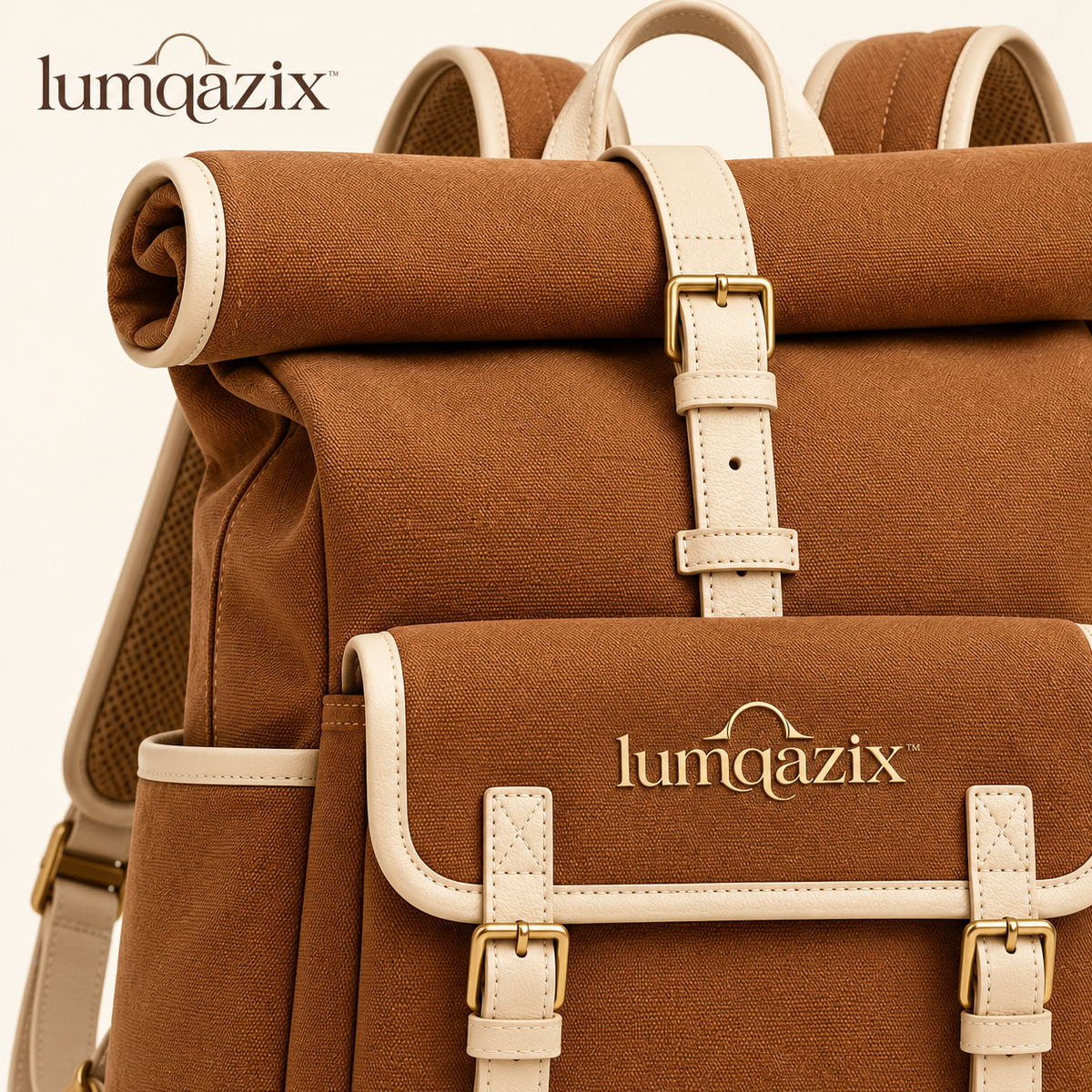 Lumqazix™ Cognac Roll-Top Backpack
