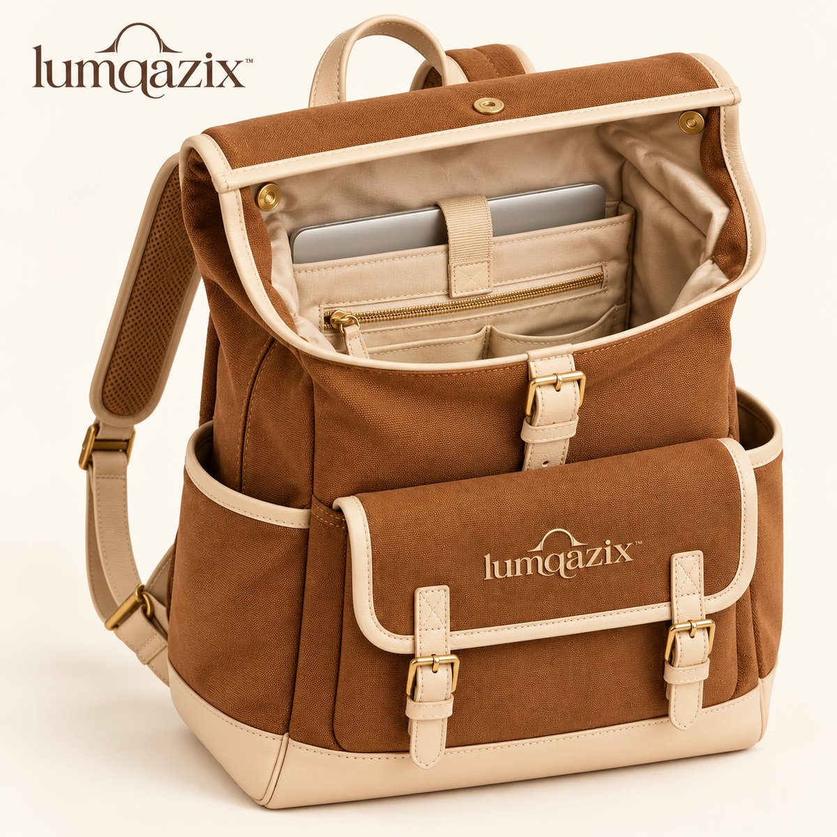 Lumqazix™ Cognac Roll-Top Backpack