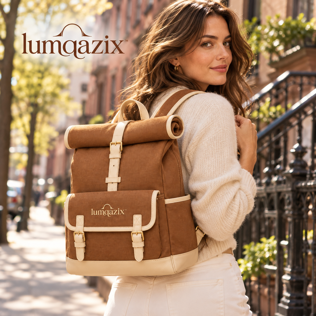 Lumqazix™ Cognac Roll-Top Backpack